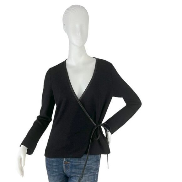 Douglas Hannant Black Merino Wool Crepe Wrap Around Tie Top Leather Trim Size 4 - Picture 2 of 9